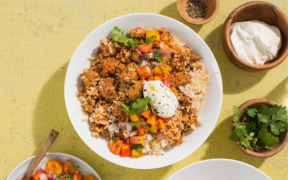 One Pot Turkey Burrito Bowl with a pepper salsa and sour cream, Ingredient Spotlight